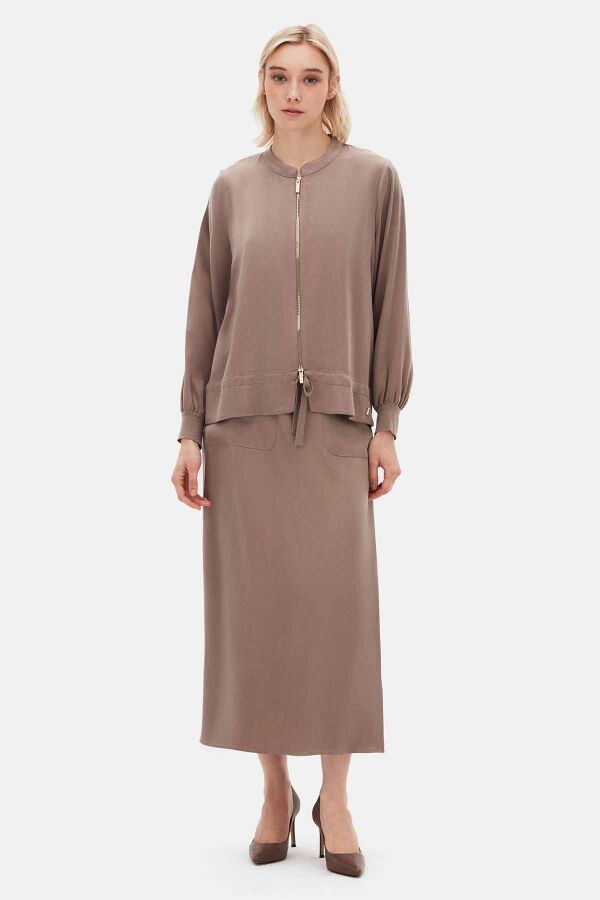 Round Neck Zippered Solid Color Coat - 1