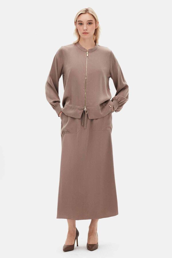 Round Neck Zippered Solid Color Coat - 3