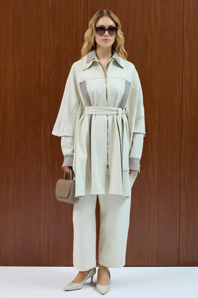 Saç Örgü Detaylı Denim Panço Ekru - MISS DALIDA