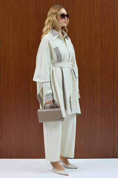 Saç Örgü Detaylı Denim Panço Ekru - 2