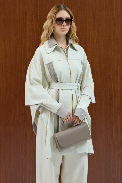 Saç Örgü Detaylı Denim Panço Ekru - 3