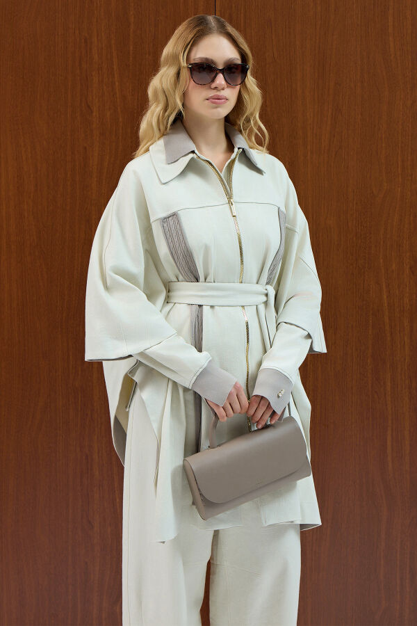 Saç Örgü Detaylı Denim Panço Ekru - 3