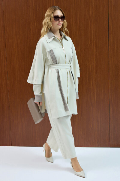 Saç Örgü Detaylı Denim Panço Ekru - 4