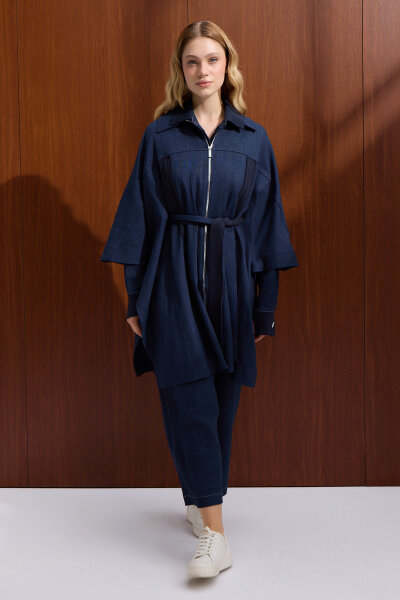 Saç Örgü Detaylı Denim Panço Navy - MISS DALIDA (1)