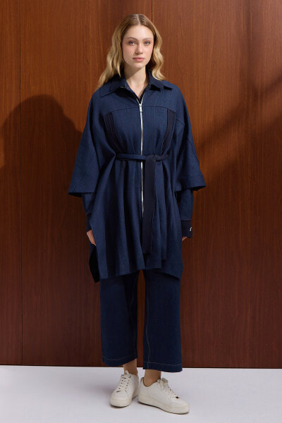 Saç Örgü Detaylı Denim Panço Navy - 3