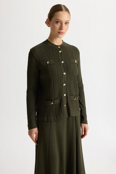 Saç Örgüsü Klasik Triko Ceket Haki - 1