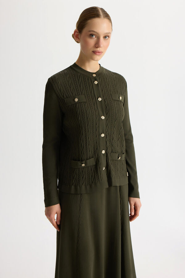 Saç Örgüsü Klasik Triko Ceket Haki - 1