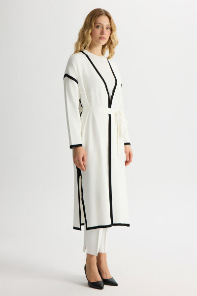 Şerit Detaylı Düz Renk Triko Hırka Ekru - MISS DALIDA (1)