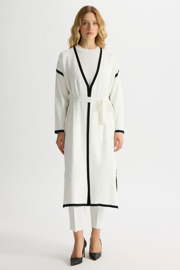 Şerit Detaylı Düz Renk Triko Hırka Ekru - 1