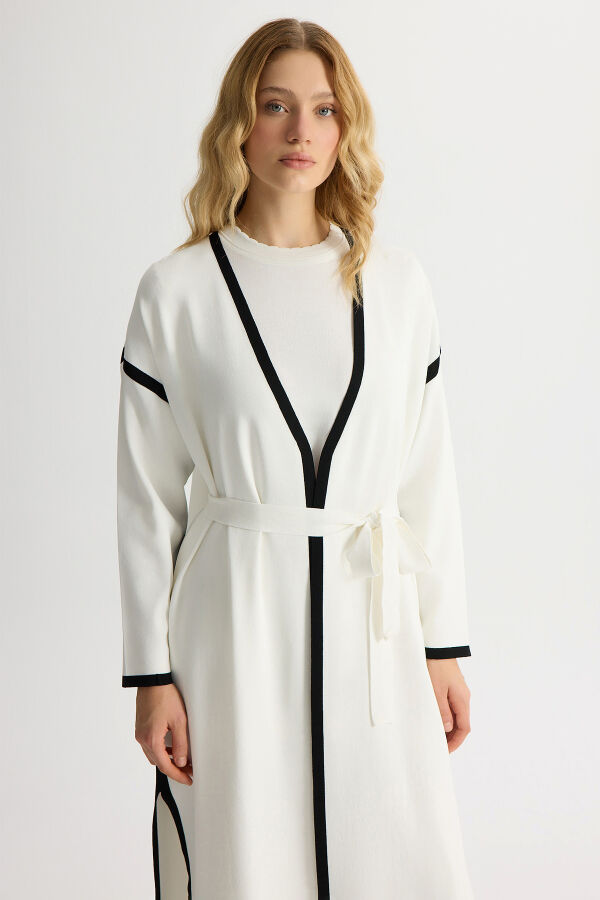 Şerit Detaylı Düz Renk Triko Hırka Ekru - 3