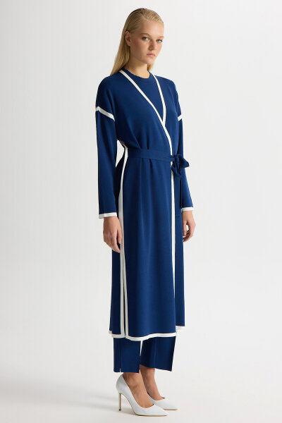 Şerit Detaylı Düz Renk Triko Hırka Navy - 2