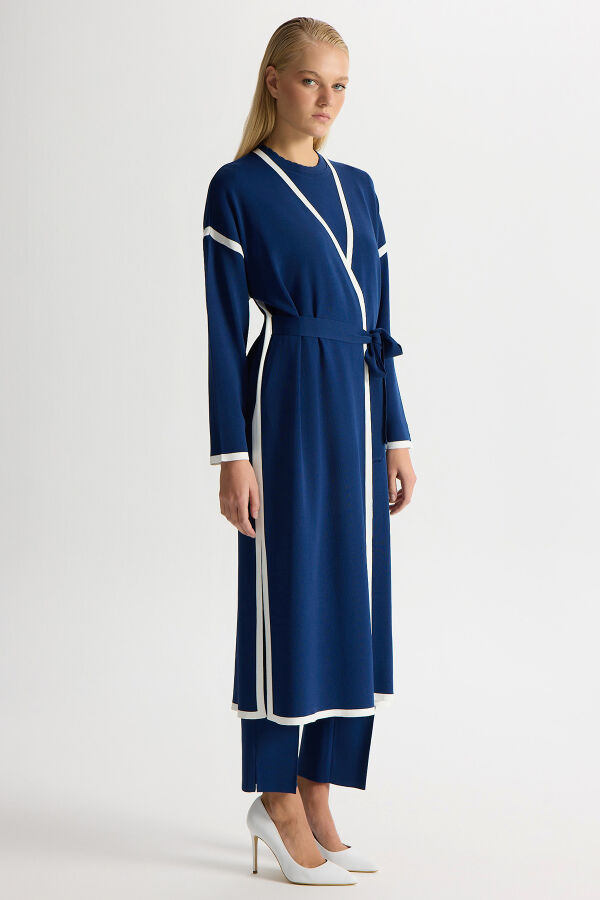 Şerit Detaylı Düz Renk Triko Hırka Navy - 2