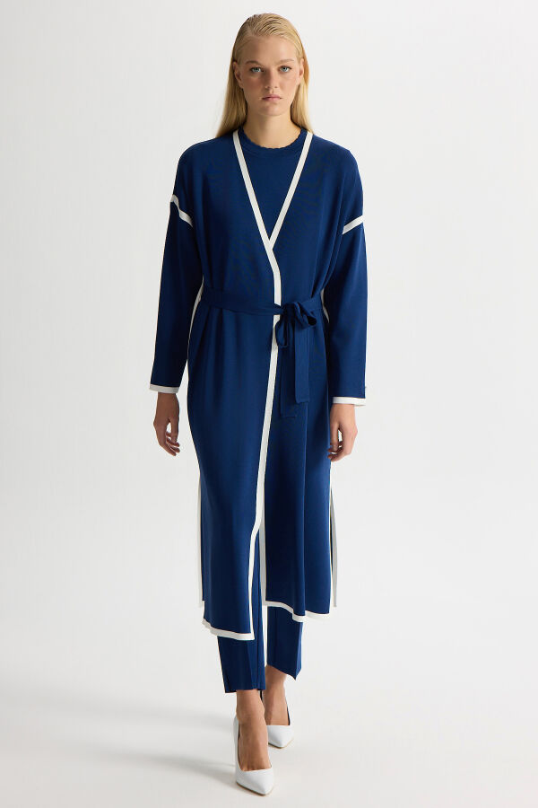 Şerit Detaylı Düz Renk Triko Hırka Navy - 1