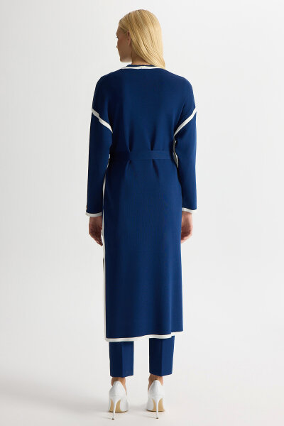 Şerit Detaylı Düz Renk Triko Hırka Navy - 3