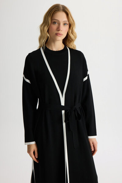 Şerit Detaylı Düz Renk Triko Hırka Siyah - 4