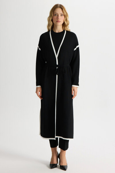 Şerit Detaylı Düz Renk Triko Hırka Siyah - MISS DALIDA