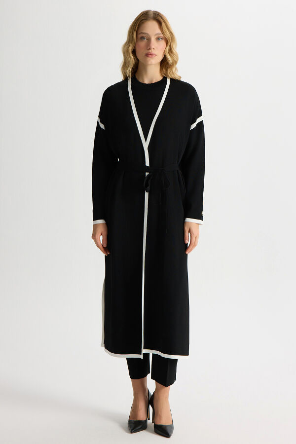 Şerit Detaylı Düz Renk Triko Hırka Siyah - 1