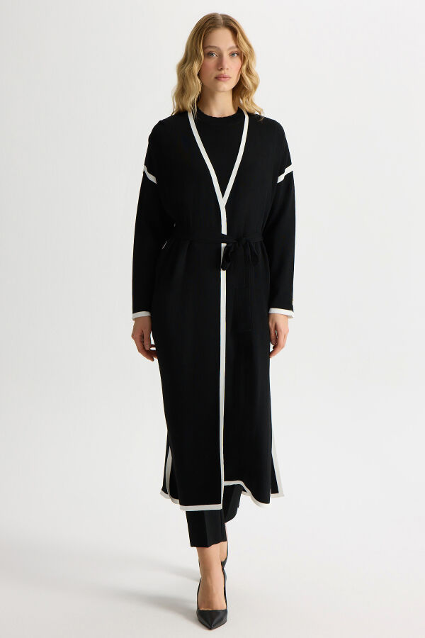 Şerit Detaylı Düz Renk Triko Hırka Siyah - 5