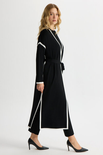 Şerit Detaylı Düz Renk Triko Hırka Siyah - MISS DALIDA (1)