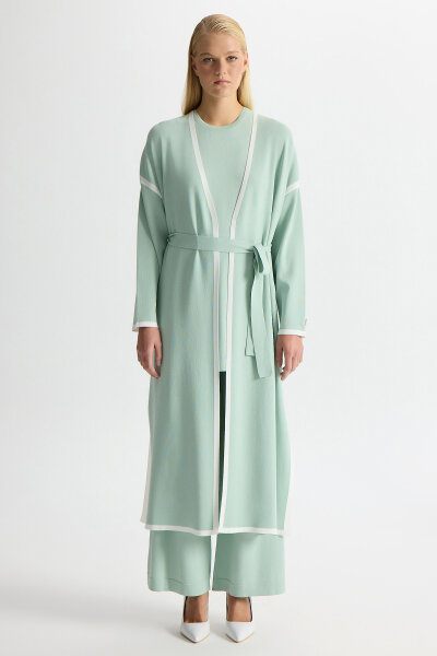 Şerit Detaylı Düz Renk Triko Hırka Yeşil - MISS DALIDA