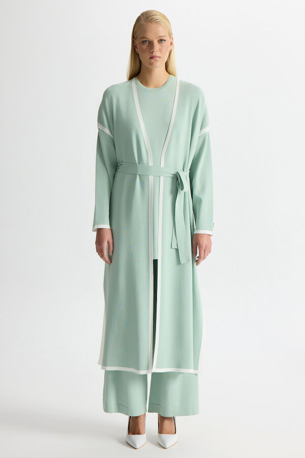 Şerit Detaylı Düz Renk Triko Hırka Yeşil - 1