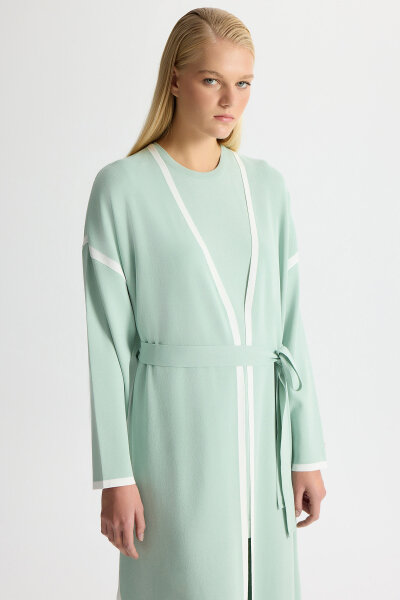 Şerit Detaylı Düz Renk Triko Hırka Yeşil - 3