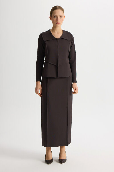 Şerit Detaylı Triko Etek Kahverengi 