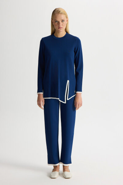 Şerit Detaylı Triko Pantolon Navy - MISS DALIDA