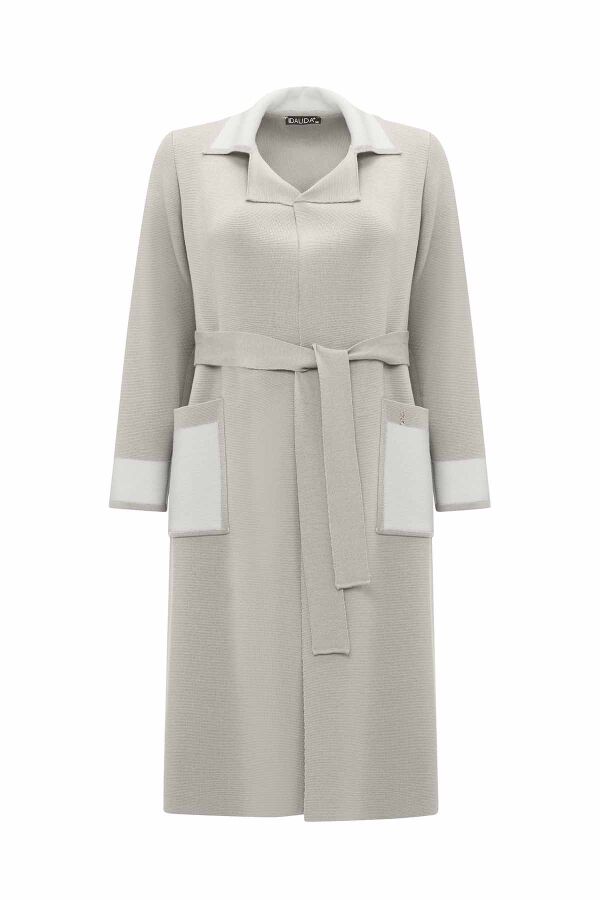 Shirt-Collar Knit Cardigan with Color Details Stone - 2