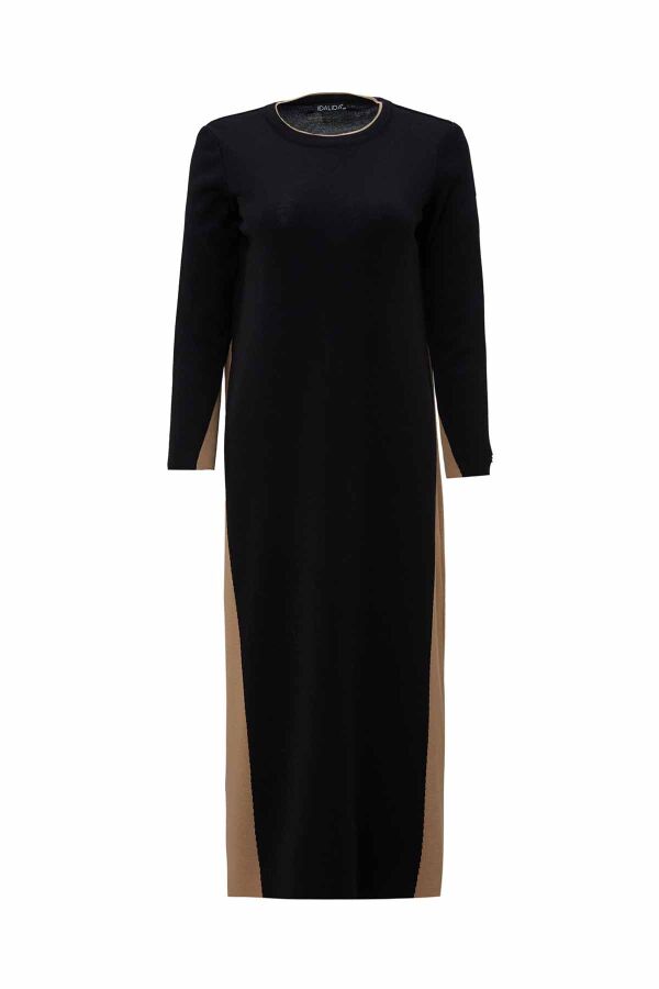 Side Striped Knitted Black Camel Dress - 1