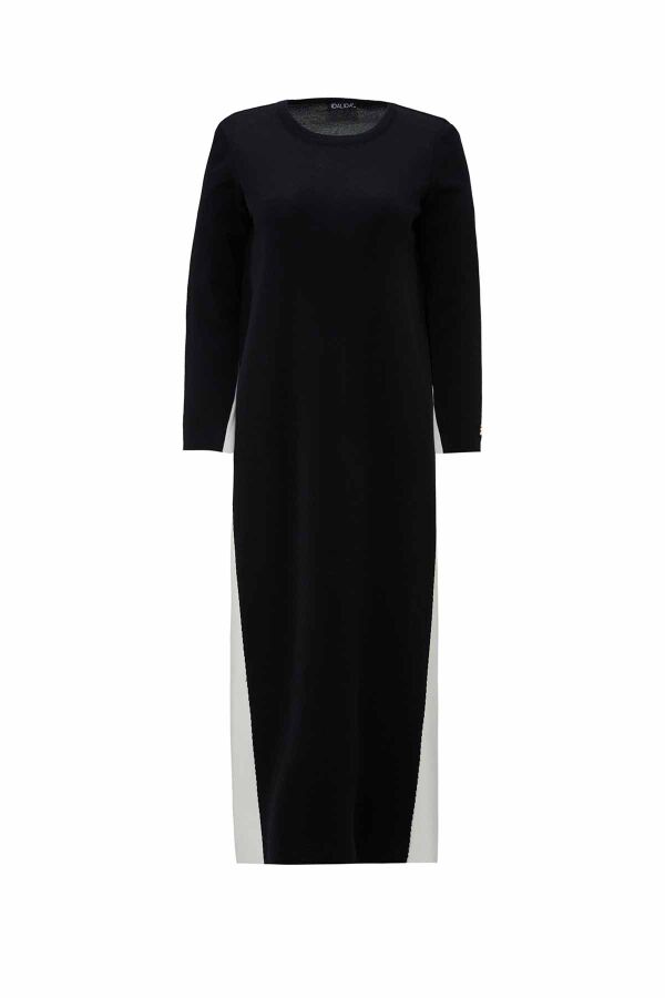 Side Striped Knitted Black Ecru Dress - 1