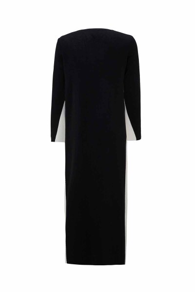 Side Striped Knitted Black Ecru Dress - 2