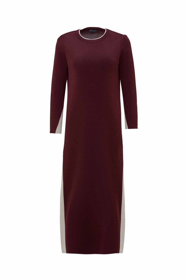 Side Striped Knitted Burgundy Dress - 1