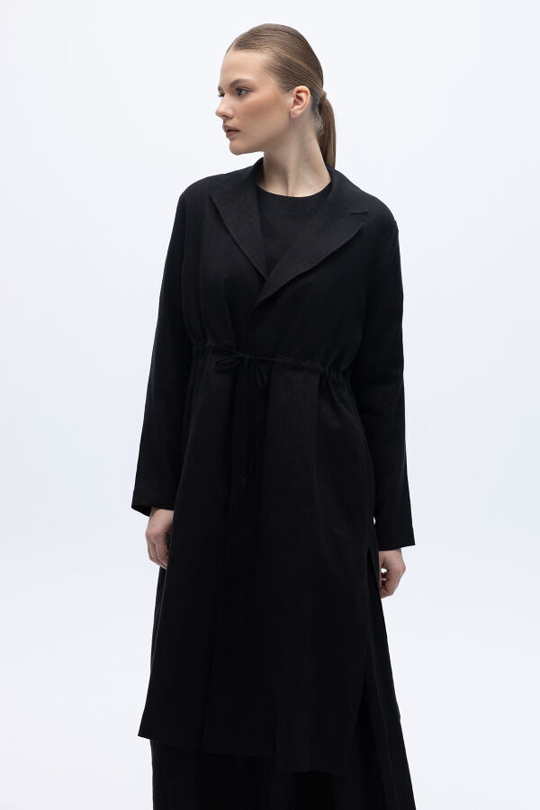 Sırt Detaylı Beli Büzgülü Keten Ceket Siyah - 2