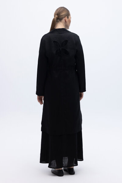 Sırt Detaylı Beli Büzgülü Keten Ceket Siyah - 4