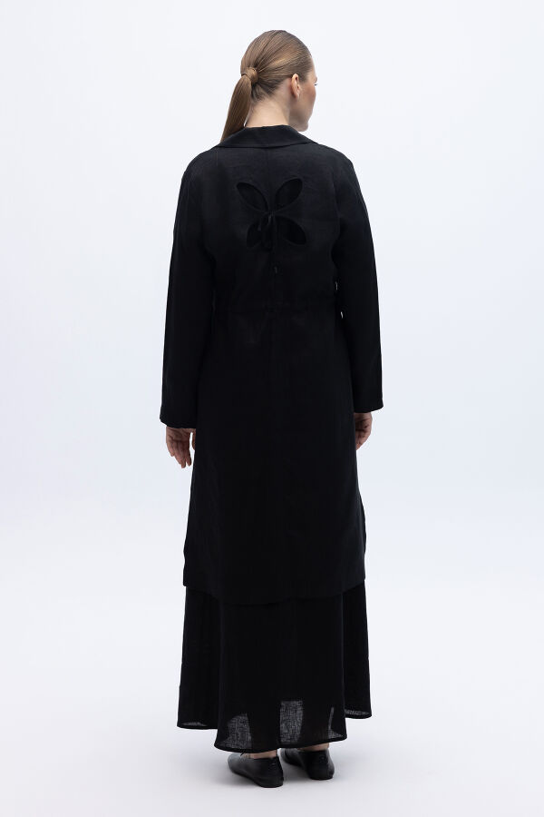 Sırt Detaylı Beli Büzgülü Keten Ceket Siyah - 4