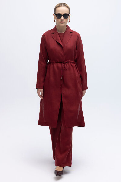 Sırt Detaylı Beli Büzgülü Keten Ceket Cherry 