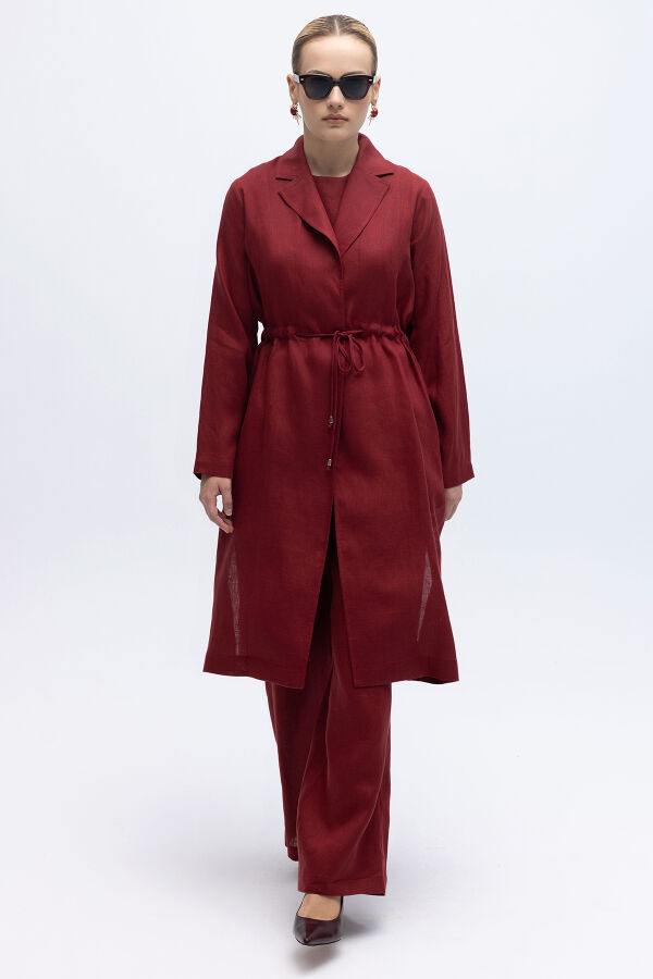 Sırt Detaylı Beli Büzgülü Keten Ceket Cherry - 1