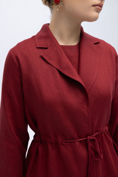 Sırt Detaylı Beli Büzgülü Keten Ceket Cherry - 2