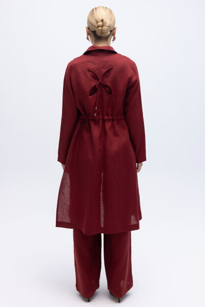 Sırt Detaylı Beli Büzgülü Keten Ceket Cherry - 3