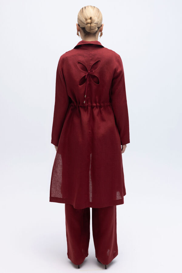 Sırt Detaylı Beli Büzgülü Keten Ceket Cherry - 3