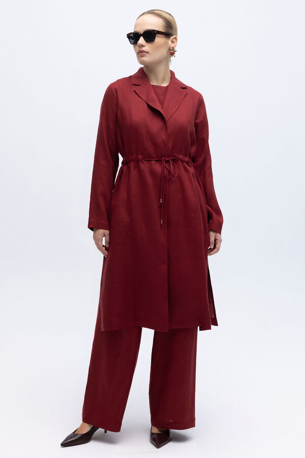 Sırt Detaylı Beli Büzgülü Keten Ceket Cherry - 4