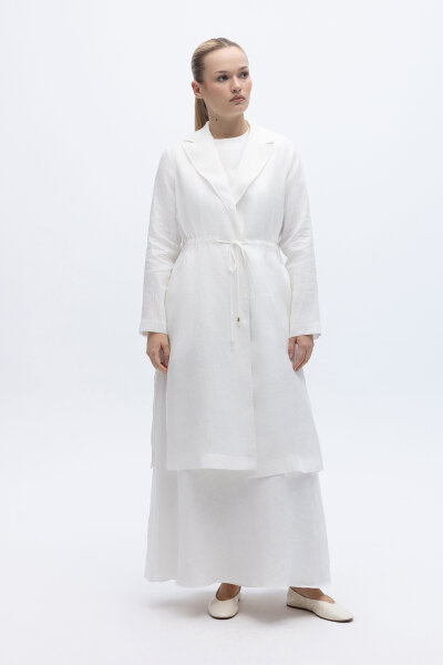 Sırt Detaylı Beli Büzgülü Keten Ceket Ekru - 3