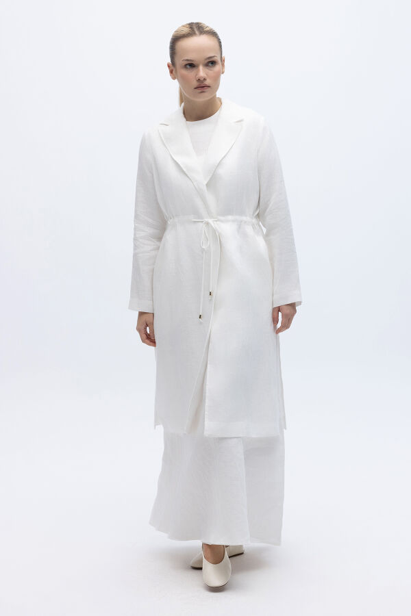 Sırt Detaylı Beli Büzgülü Keten Ceket Ekru - 4