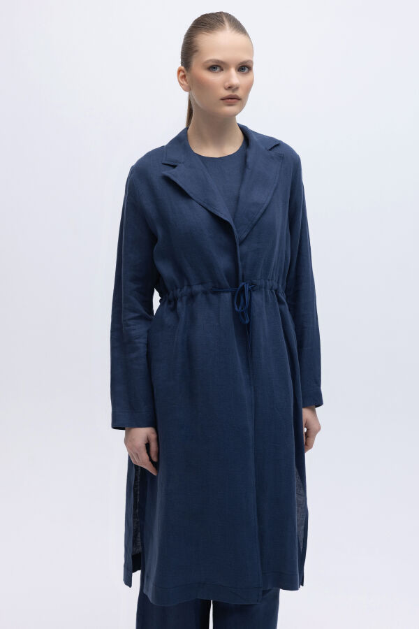 Sırt Detaylı Beli Büzgülü Keten Ceket Navy - 1