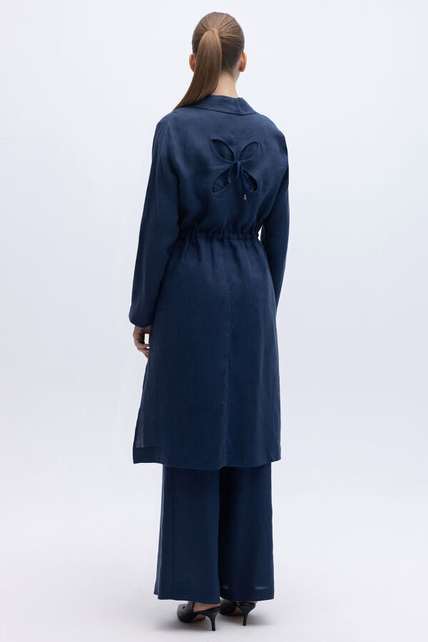 Sırt Detaylı Beli Büzgülü Keten Ceket Navy - 3