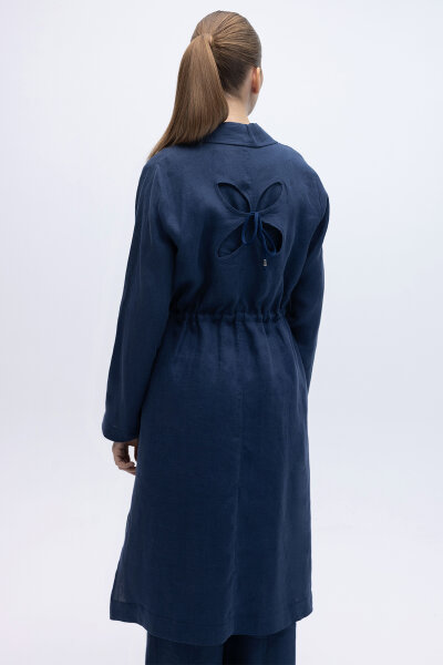 Sırt Detaylı Beli Büzgülü Keten Ceket Navy - 4