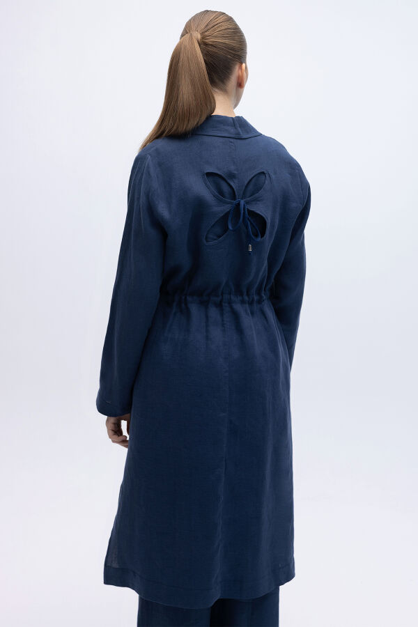 Sırt Detaylı Beli Büzgülü Keten Ceket Navy - 4