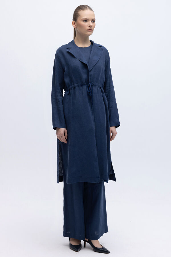 Sırt Detaylı Beli Büzgülü Keten Ceket Navy - 5