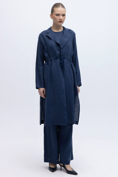 Sırt Detaylı Beli Büzgülü Keten Ceket Navy - 6